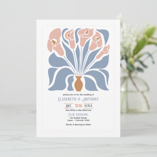 Caramel & Dusty Blue Abstract Floral Boho Wedding Kaart (Staand voorkant)