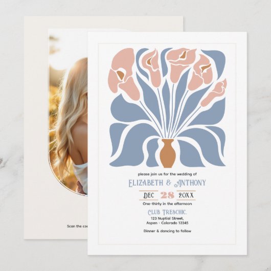 Caramel & Dusty Blue Abstract Floral Boho Wedding Kaart (Voorkant / Achterkant)