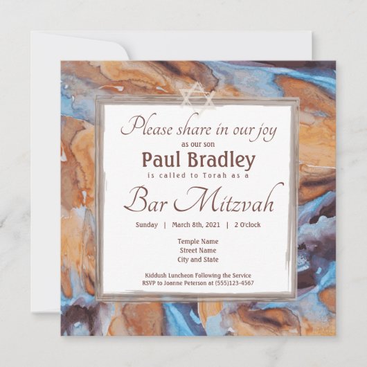Caramel en Blauwe Marmeren Bar Mitswa Uitnodiging (Voorkant)