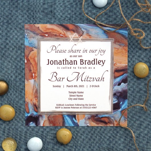 Caramel en Blauwe Marmeren Bar Mitswa Uitnodiging