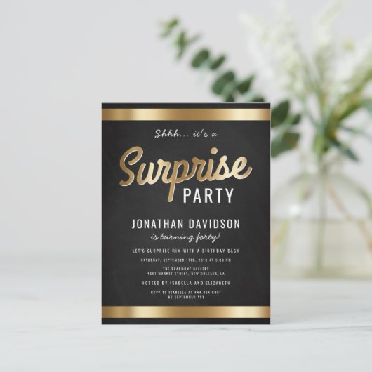 Caramel Gold en Black Surprise Verjaardagsfeest Uitnodiging Briefkaart (Staand voorkant)
