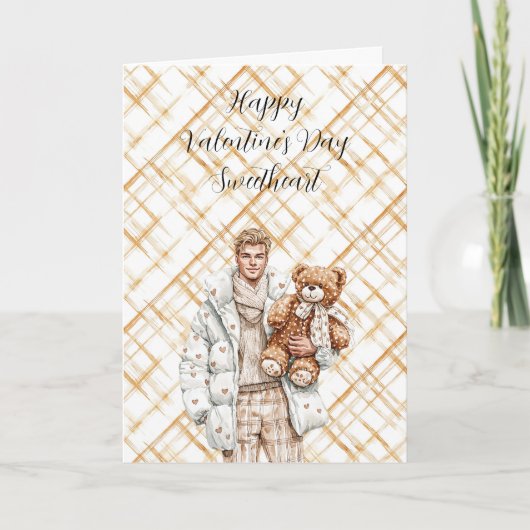 Caramel Valentijnsdag Man Teddybeer Kaart (Voorkant)
