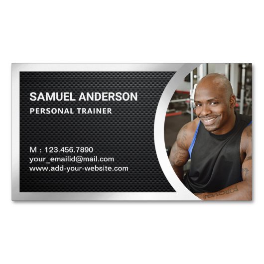 Carbon Fibre Silver Fitness Personal Trainer Foto Magnetisch Visitekaartje (Voorkant)