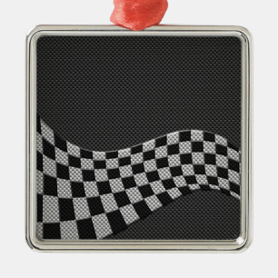 Carbon Fibre Style Racing Flag Checkers Wave Print Metalen Ornament