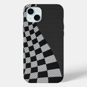 Carbon Fibre Style Racing Flag Wave Print iPhone 15 Mini Hoesje