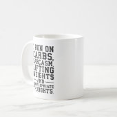 Carbs, sarcasme, gewichten, ongepaste gedachten koffiemok (Voorkant links)