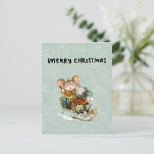 Card (10,8 x 14,2 cm) - Two Mice On A Sleigh Briefkaart