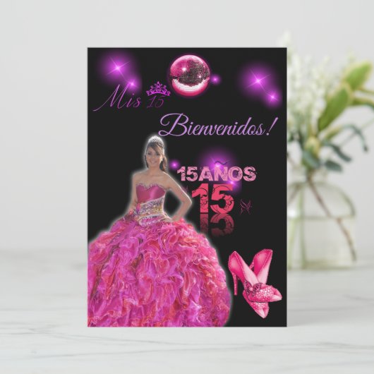 card of 15 black with fuxia bienvenidos kaart (Staand voorkant)