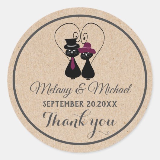 Cardboard grappig kattenliefdeskoppel bedankt ronde sticker (Voorkant)