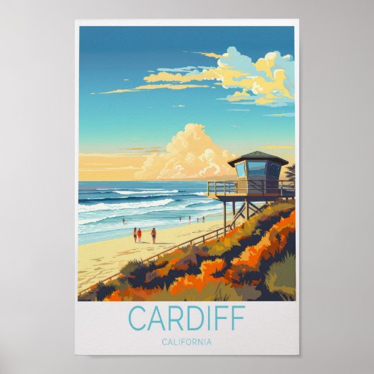 Cardiff California Travel Poster, Cardiff Surfen Poster (Voorkant)