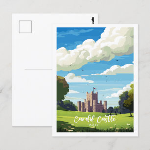 Cardiff Castle Wales vintage reizen Briefkaart