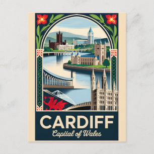 Cardiff Wales Retro Reisposter Kunst Feestdagenkaart
