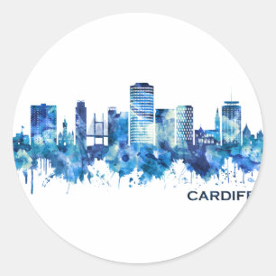 Cardiff Wales Skyline Blue Ronde Sticker
