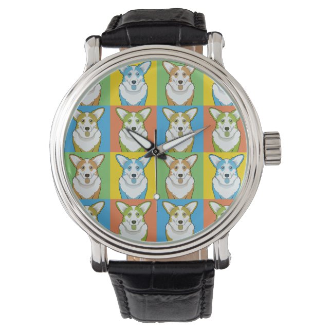 Cardigan Welsh Corgi Dog Cartoon Pop-Art Horloge (Voorkant)