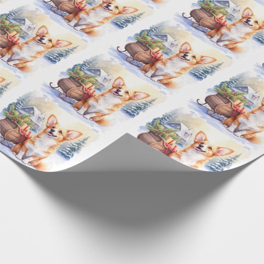 Cardigan Welsh Corgi Festive Sleigh Christmas Art Cadeaupapier (Hoek)