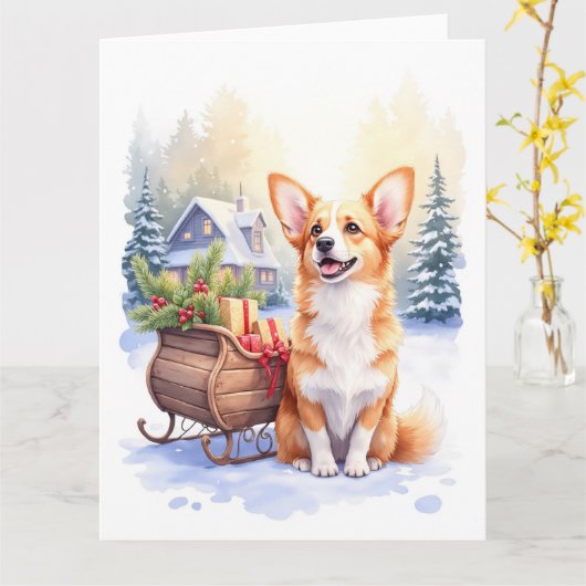 Cardigan Welsh Corgi Festive Sleigh Christmas Art Kaart (Gele Bloem)