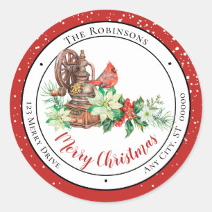 Cardinaal Merry Kerstmis Floral Return Address Ronde Sticker