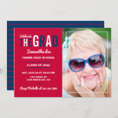 Cardinaal Red en Navy Blue Graduation Party Kaart (Voorkant / Achterkant)