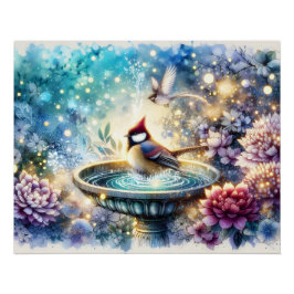 Cardinal at Birdbath Dreamy Garden Ar Perfect Poster