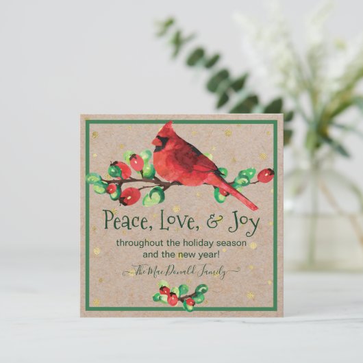 Cardinal Bird & Berries Winter Holiday Flat Card Feestdagenkaart (Staand voorkant)