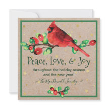 Cardinal Bird & Berries Winter Holiday Flat Card