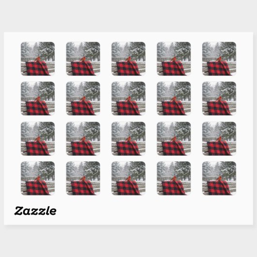 Cardinal On a Snowy Plaid Blanket Vierkante Sticker (Vel)