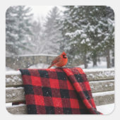 Cardinal On a Snowy Plaid Blanket Vierkante Sticker (Voorkant)