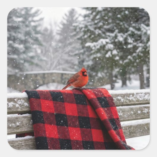 Cardinal On a Snowy Plaid Blanket Vierkante Sticker (Voorkant)