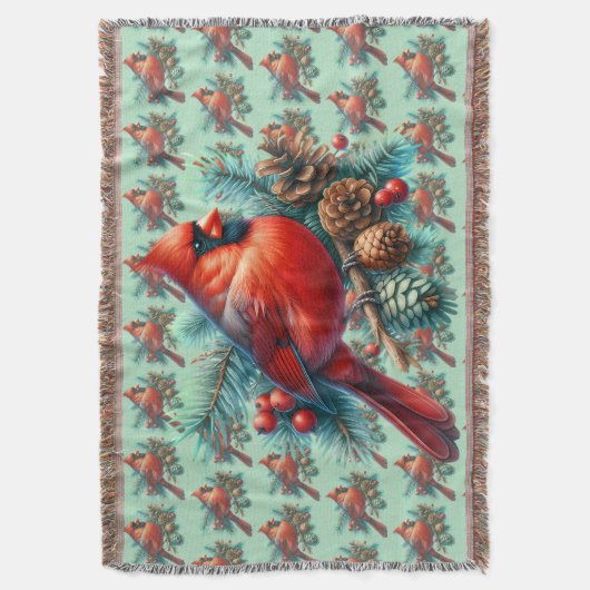 Cardinal on Pine Branch with Winter Berries Deken (Voorkant Verticaal)