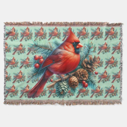 Cardinal on Pine Branch with Winter Berries Deken (Voorkant)