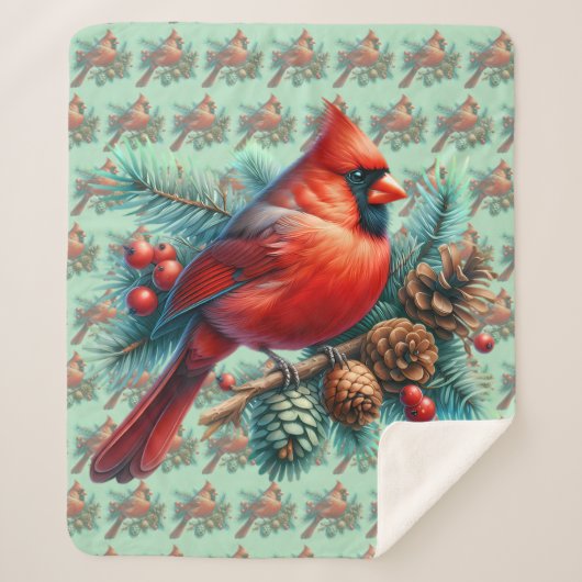 Cardinal on Pine Branch with Winter Berries Sherpa Deken (Voorkant)