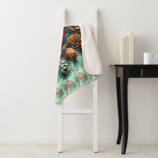 Cardinal on Pine Branch with Winter Berries Sherpa Deken (In situ)