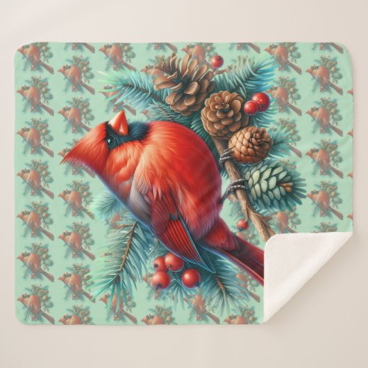Cardinal on Pine Branch with Winter Berries Sherpa Deken (Voorkant (horizontaal))