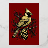Cardinal On Pine Tree With Pinecone Christmas Folie Feestdagenkaart (Voorkant)