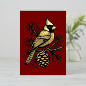 Cardinal On Pine Tree With Pinecone Christmas Folie Feestdagenkaart (Staand Voorkant)