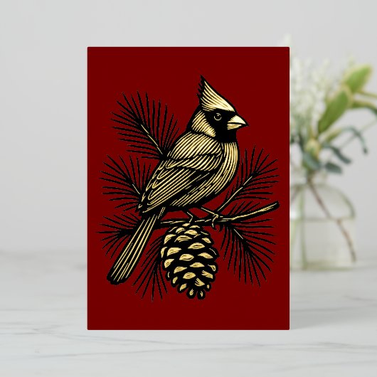 Cardinal On Pine Tree With Pinecone Christmas Folie Feestdagenkaart (Staand Voorkant)