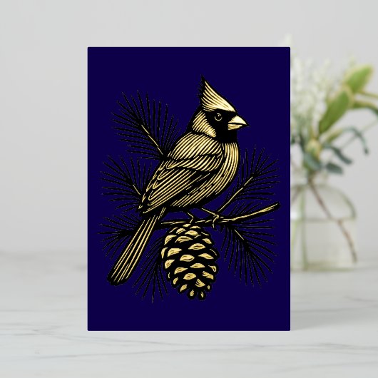 Cardinal On Pine Tree With Pinecone Christmas Folie Feestdagenkaart (Staand Voorkant)