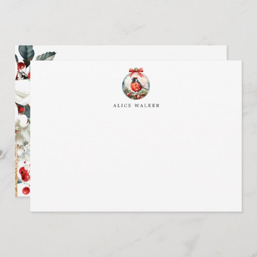 Cardinal Ornament Greenery  Monogram Note Card Notitiekaartje (Voorkant / Achterkant)