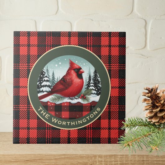 Cardinal Snow n Buffalo Plaid Family Name Monogram Tegeltje