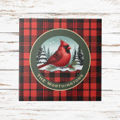 Cardinal Snow n Buffalo Plaid Family Name Monogram Tegeltje