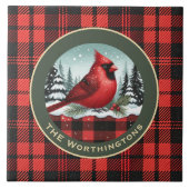 Cardinal Snow n Buffalo Plaid Family Name Monogram Tegeltje (Voorkant)