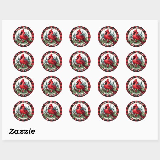 Cardinal with Holly & Buffalo Plaid Background Ronde Sticker (Vel)