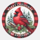 Cardinal with Holly & Buffalo Plaid Background Ronde Sticker (Voorkant)