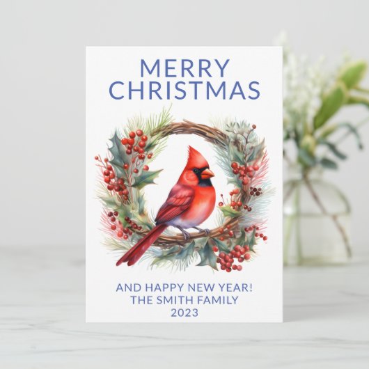 Cardinal Wreath Blue Holiday Kaart (Staand voorkant)
