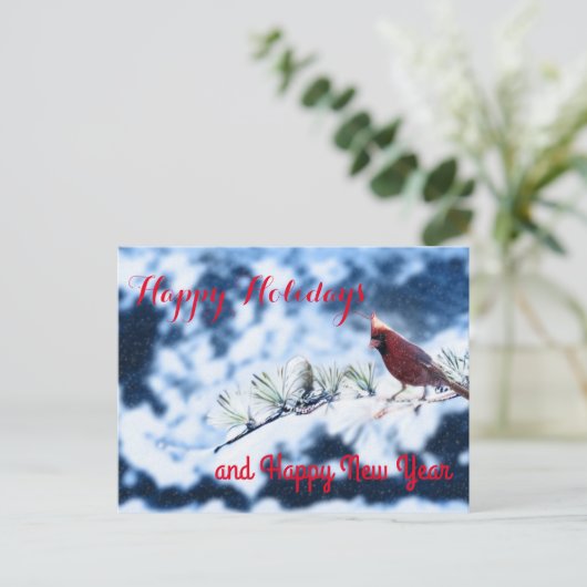 Cardinale Bird Snowy Branch Post Card Feestdagenkaart (Staand voorkant)