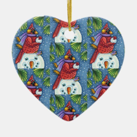 CARDINALE GARING SNOWMAN, CUTE CHRISTMAS REDBIRD KERAMISCH ORNAMENT (Voorkant)
