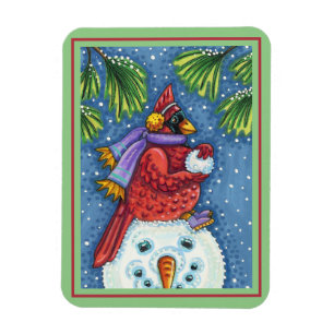 CARDINALE GARING SNOWMAN, CUTE CHRISTMAS REDBIRD MAGNEET