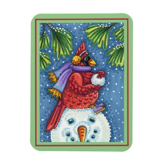 CARDINALE GARING SNOWMAN, CUTE CHRISTMAS REDBIRD MAGNEET (Verticaal)