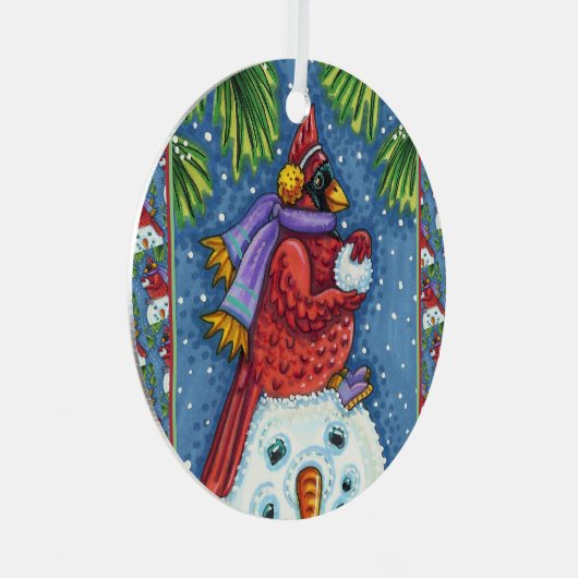 CARDINALE GARING SNOWMAN, CUTE CHRISTMAS REDBIRD METALEN ORNAMENT (Voorkant Rechts)