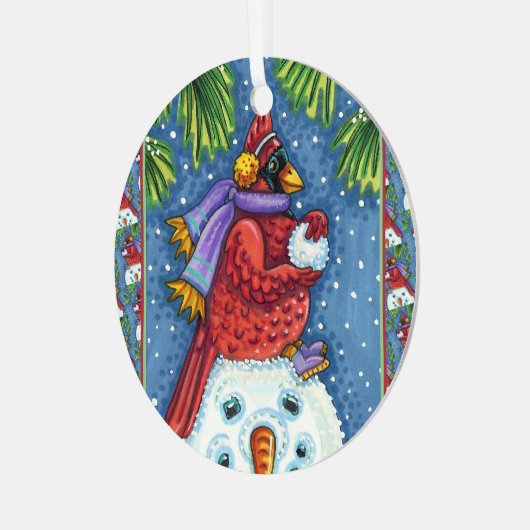 CARDINALE GARING SNOWMAN, CUTE CHRISTMAS REDBIRD METALEN ORNAMENT (Voorkant links)